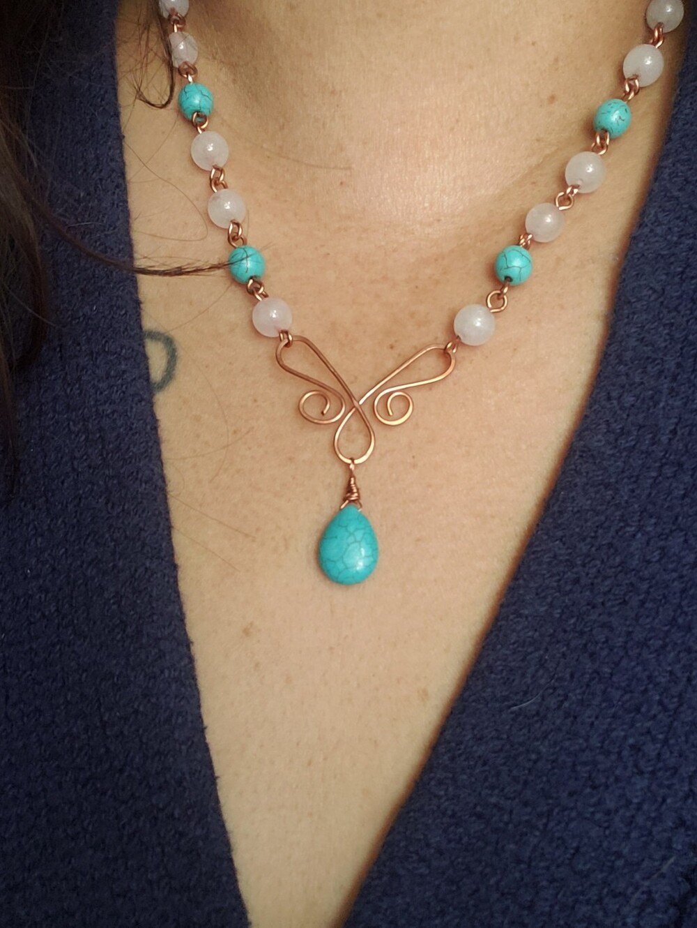 Turquoise Teardrop & Rose Quartz Copper Wire Butterfly Boho Necklace